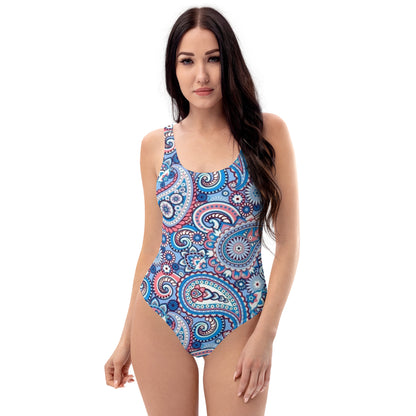 Blue Paisley Pattern One-Piece Swimsuit