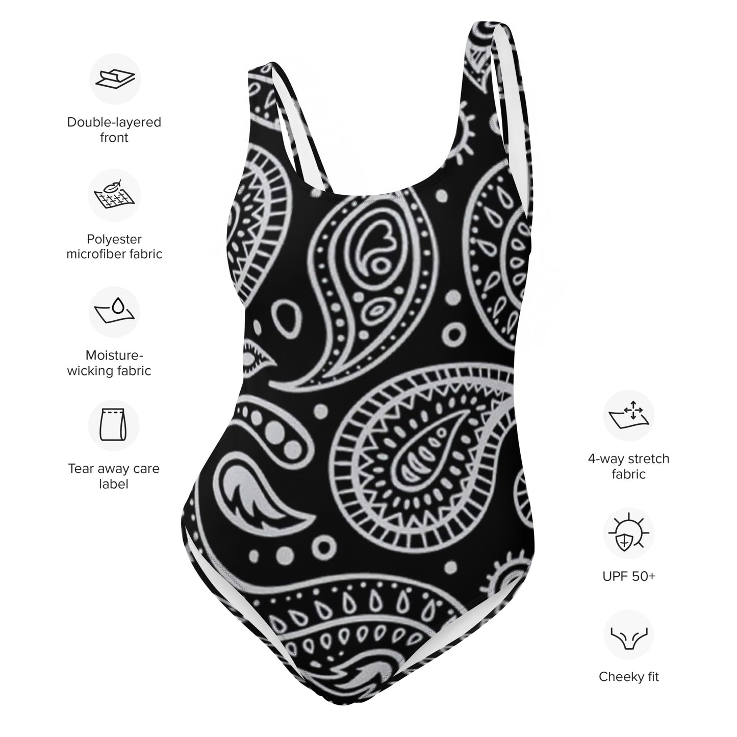 Black Paisley Pattern One-Piece Swimsuit