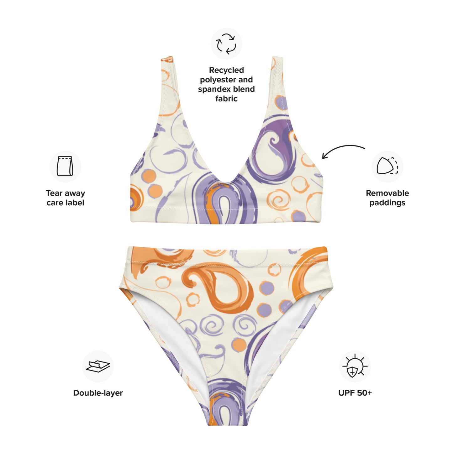 Purple & orange Paisley Pattern High-waisted bikini